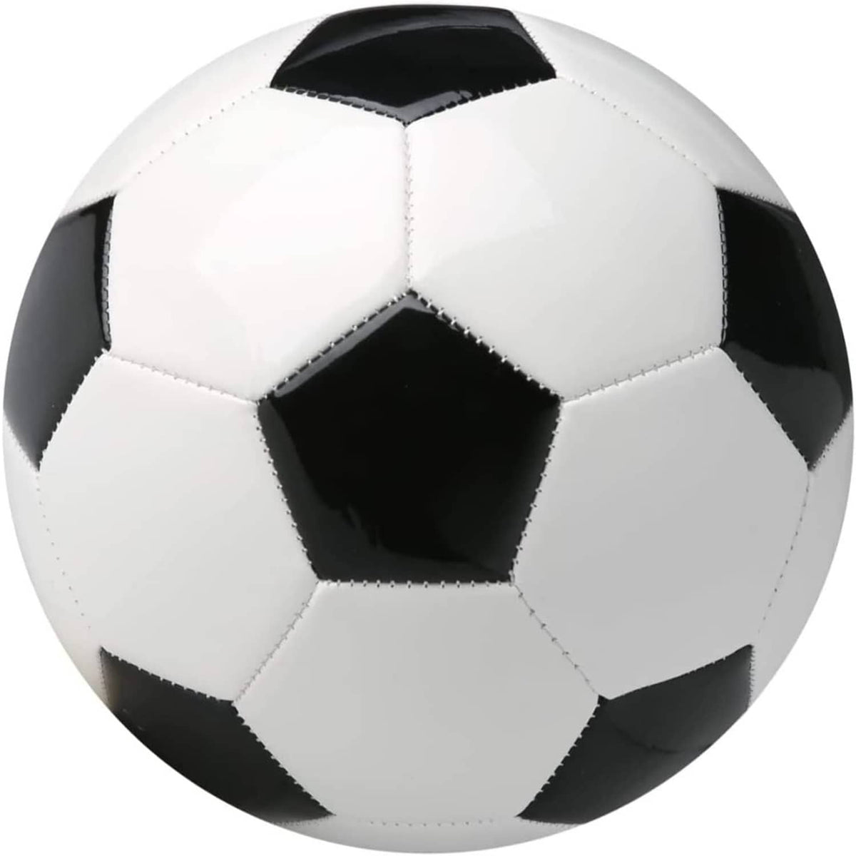 Isolated soccer ball front view, white with black pentagon panels