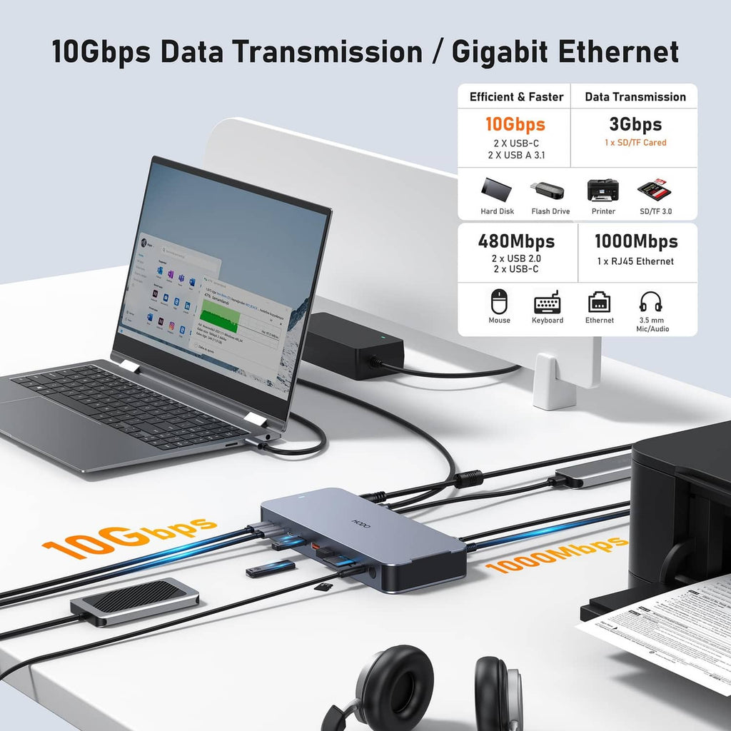 Gray docking station with 10Gbps data connections and gigabit Ethernet port.