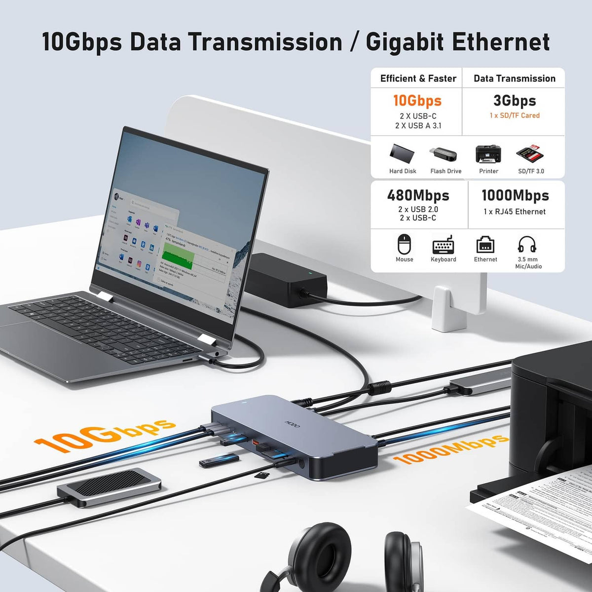 Gray docking station with 10Gbps data connections and gigabit Ethernet port.