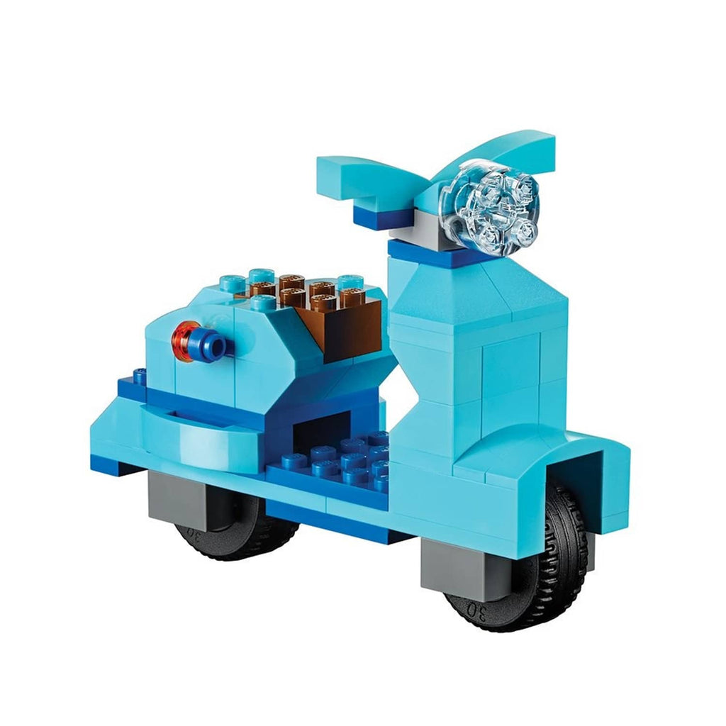Blue LEGO car model with clear engine detail and black wheel tires