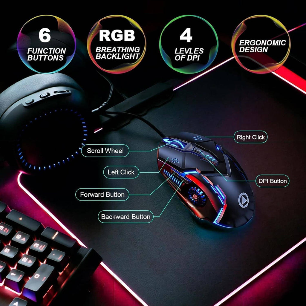 Ergonomic wired gaming mouse with RGB backlight and 6 buttons, black with orange