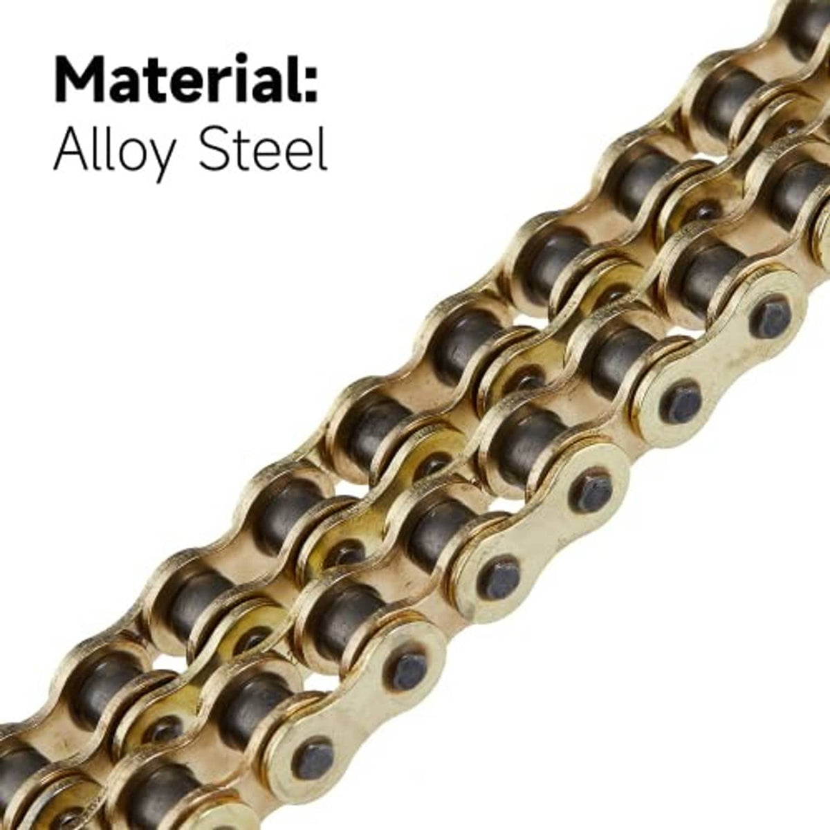 Alloy steel motorcycle chain links in gold, close-up of rollers and plates