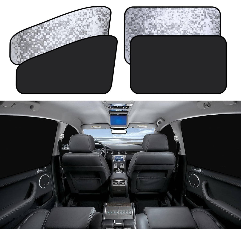Silver speckled side window sun shades with black backing, set of 2