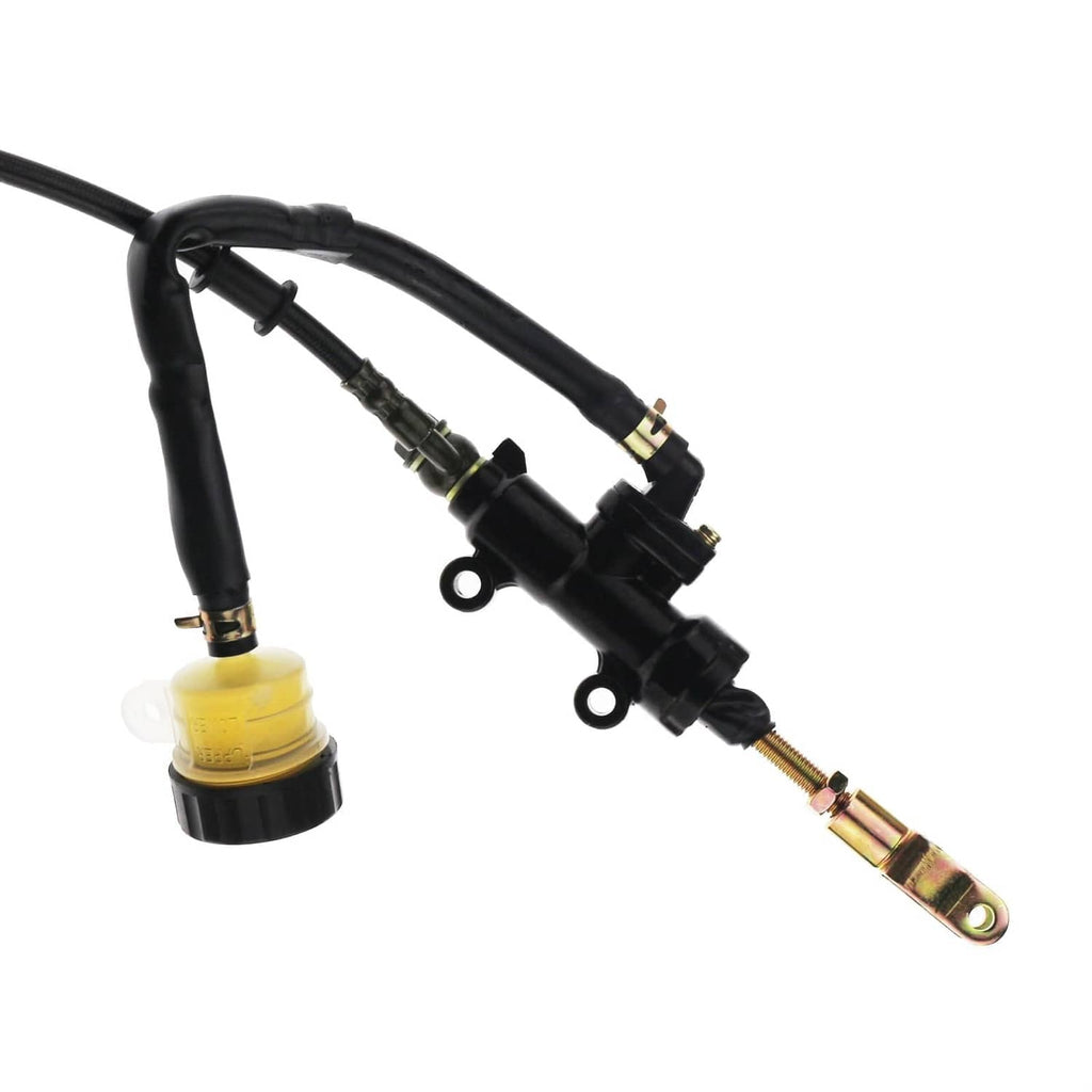 Rear hydraulic brake caliper with master cylinder, black hoses and yellow fluid cap