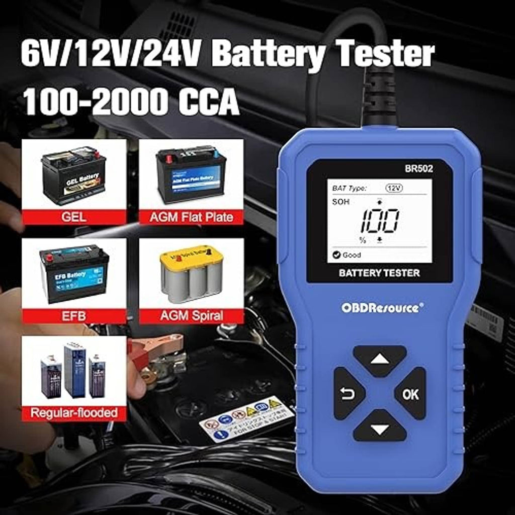 Blue battery tester with LCD showing SOH and four-button control panel