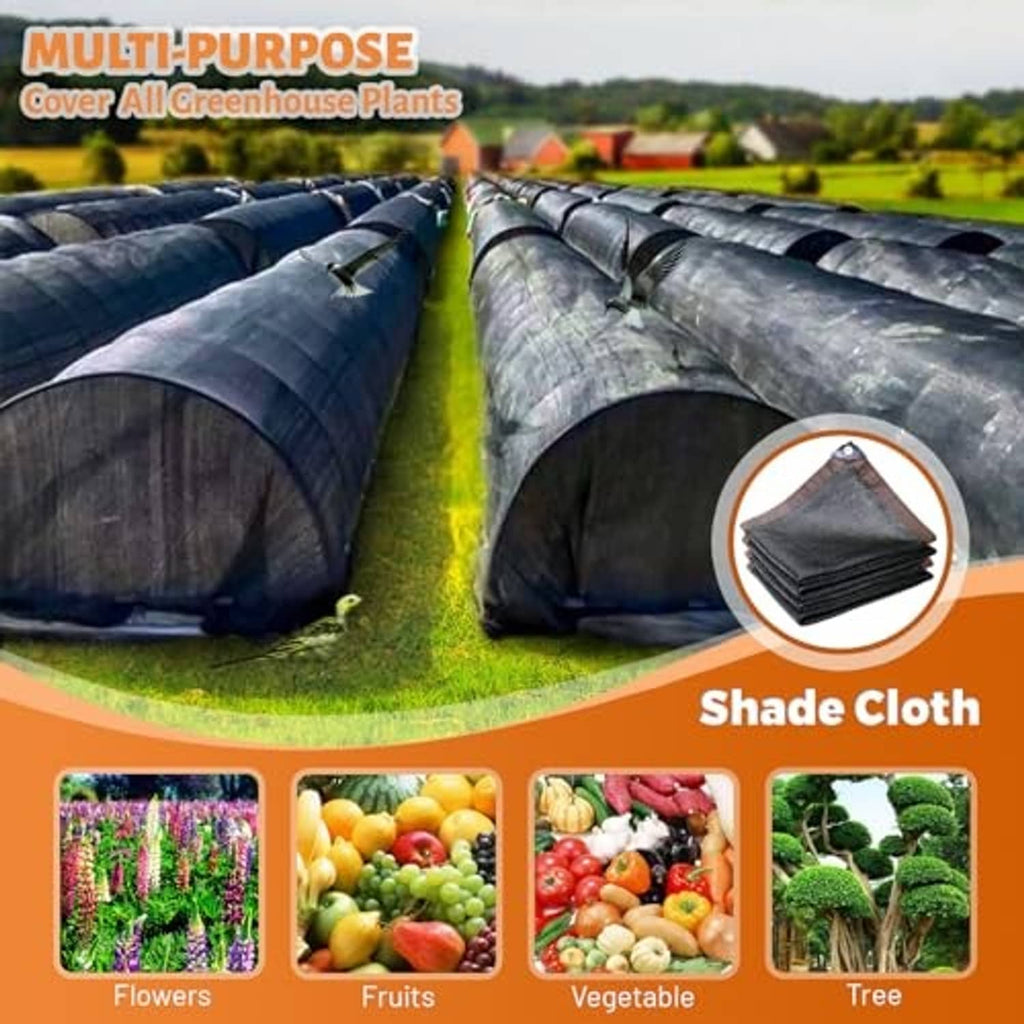 Stacked black shade cloth tunnels with arched tops for greenhouse coverage