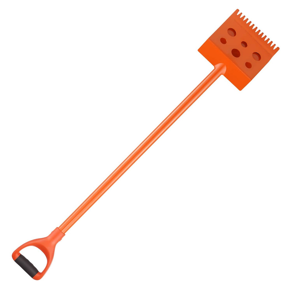 Orange shingle removal tool with serrated blade and D-grip handle