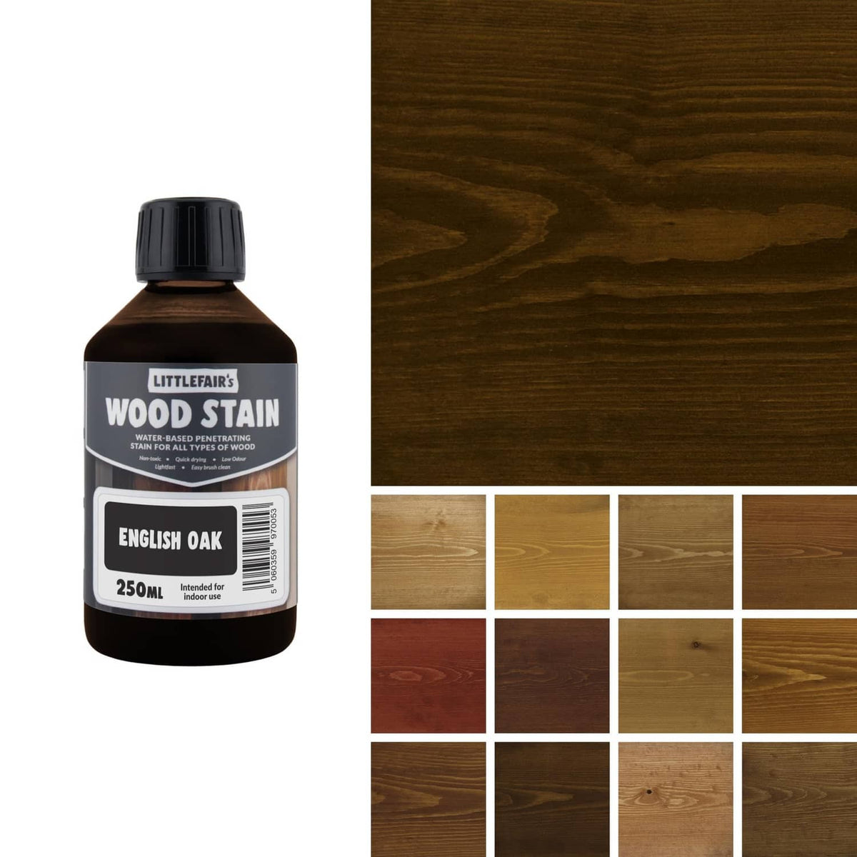 Water-based wood stain bottle, English Oak dark brown finish