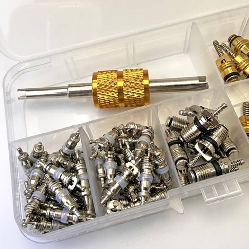 Car A/C valve core kit with gold removal tool and tray of mixed cores