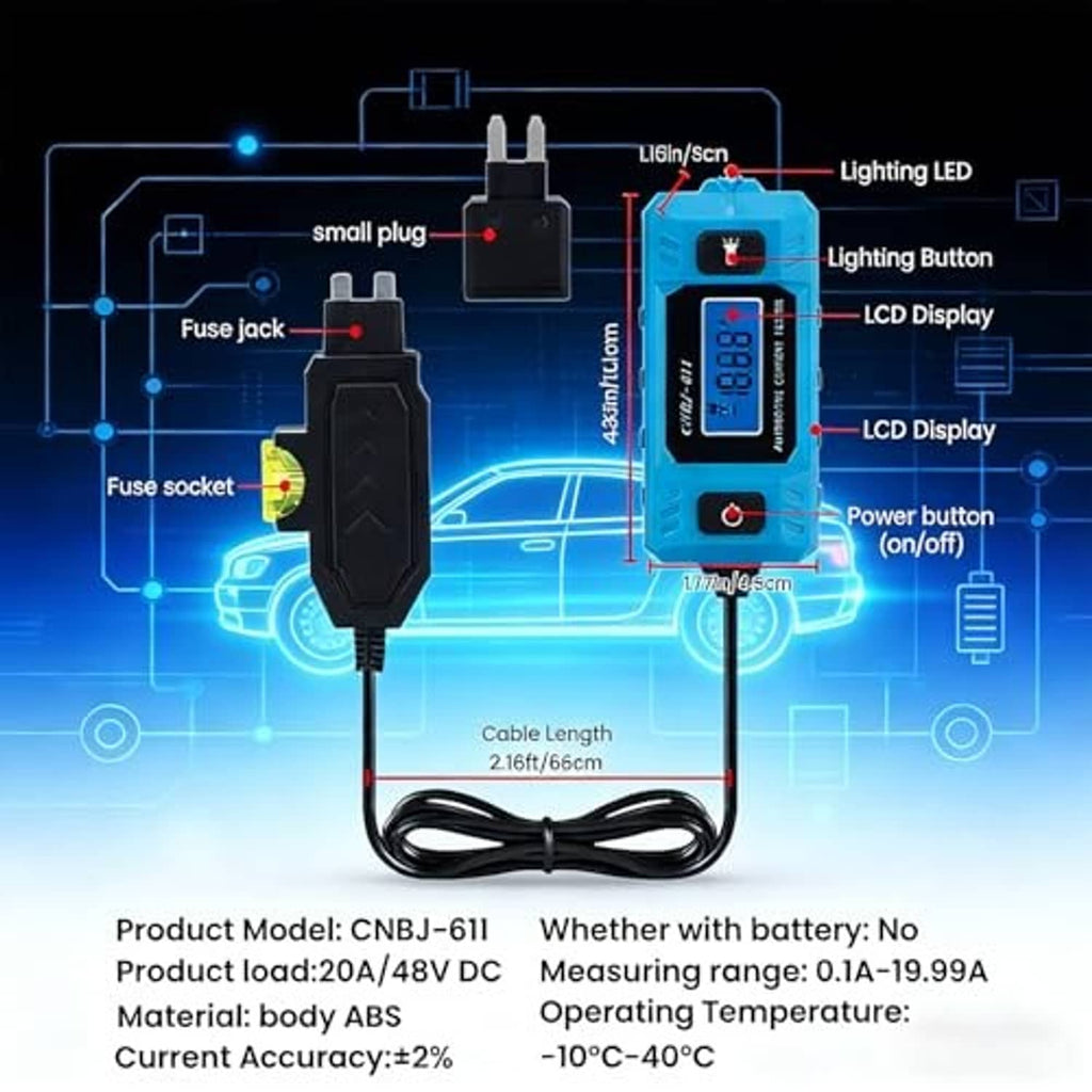 Blue automotive circuit fault tester with LCD display and black cable on diagram