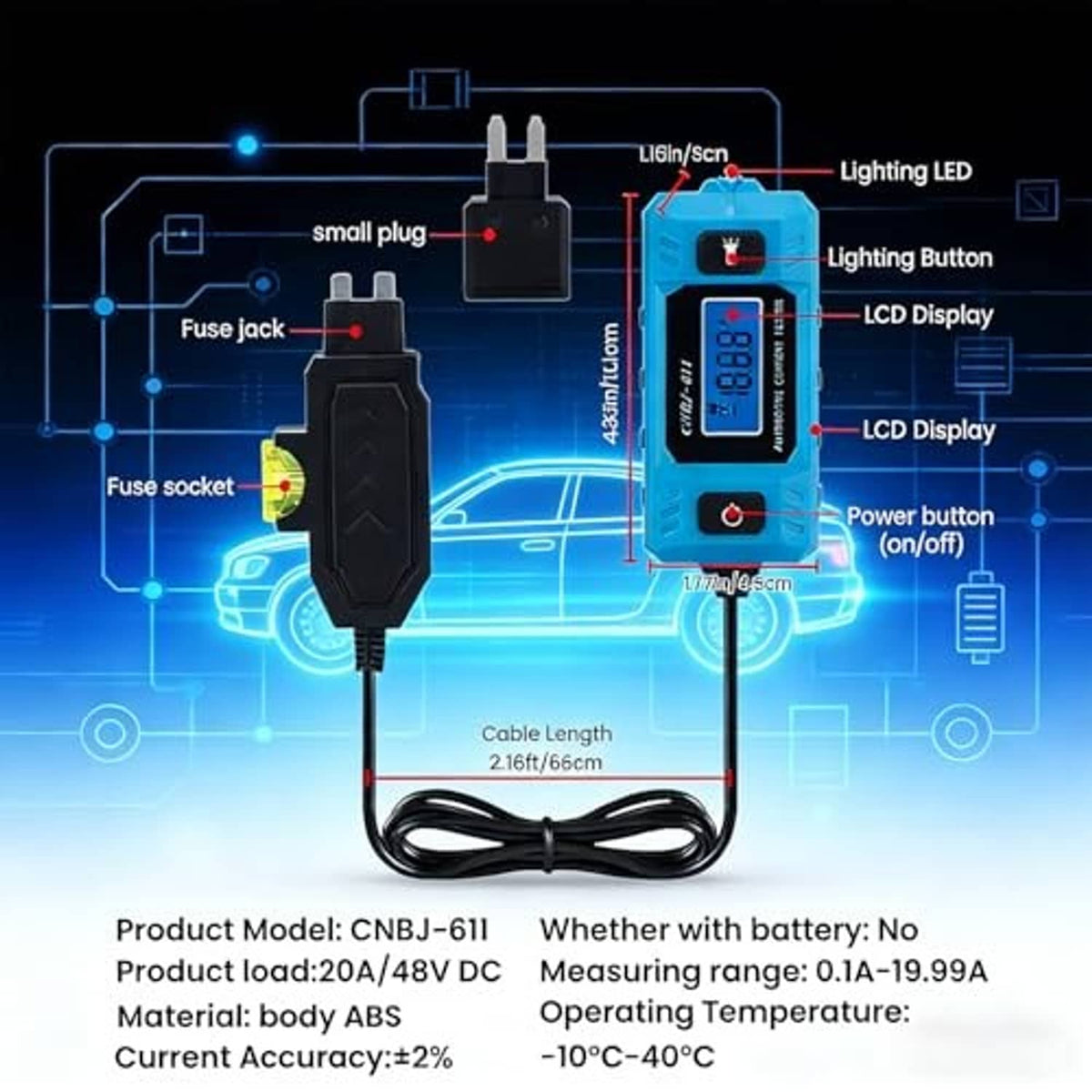 Blue automotive circuit fault tester with LCD display and black cable on diagram