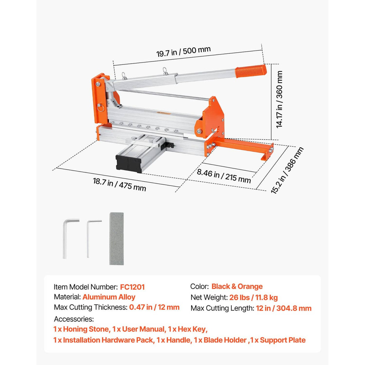 Flooring cutter dimensions diagram, black and orange handle, silver rails