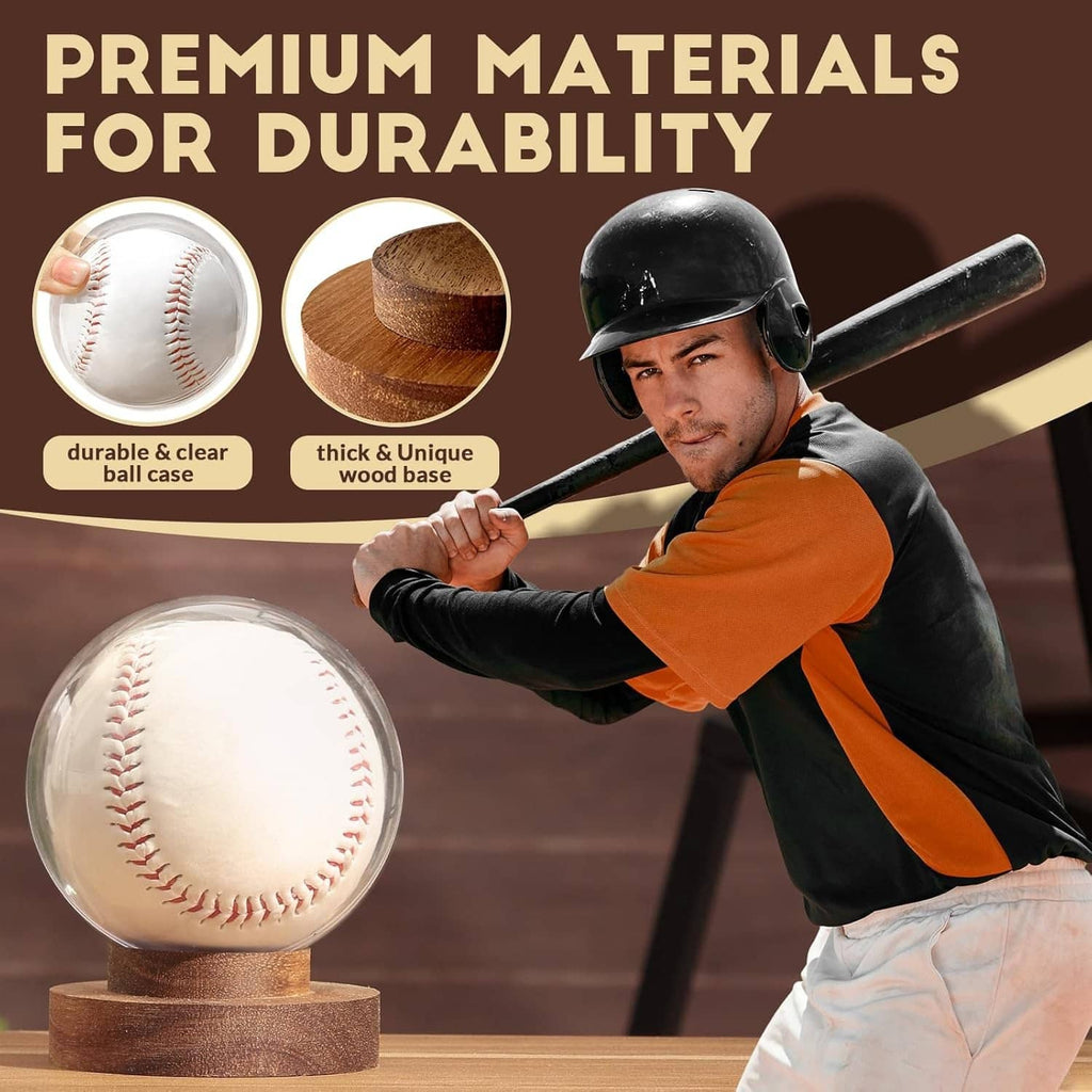 Clear ball case with thick brown wooden base and baseball on display
