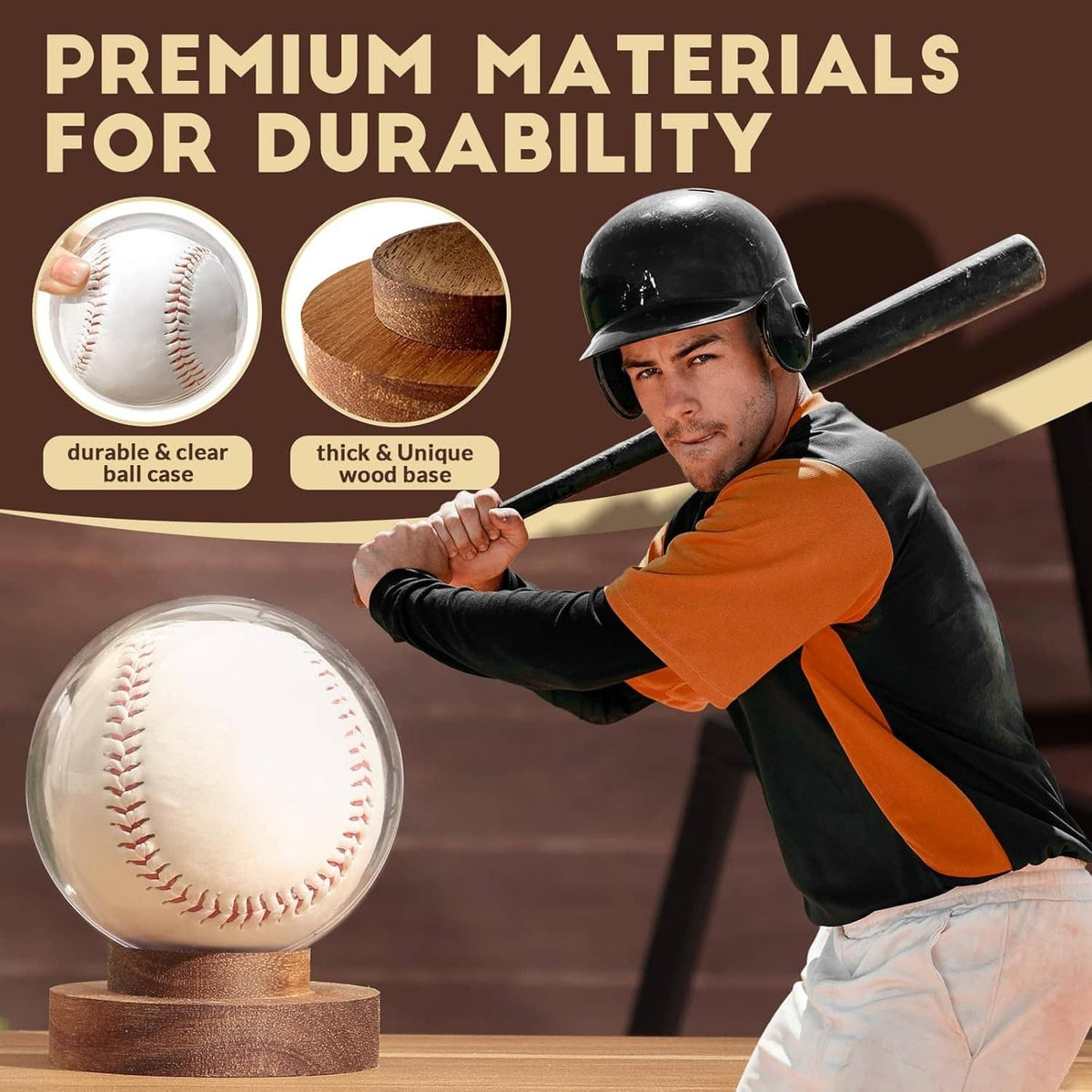 Clear ball case with thick brown wooden base and baseball on display