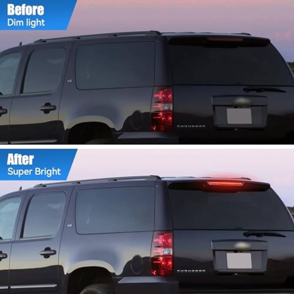 LED third brake light on rear hatch, red glow brighter than dim setting