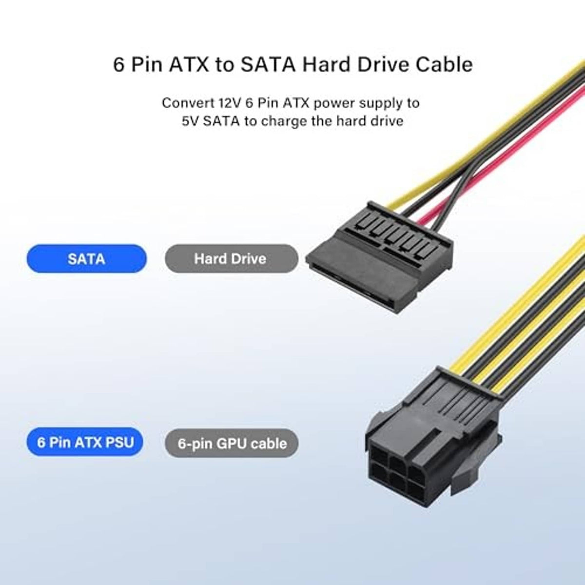 ATX 6-pin to SATA hard drive power adapter cable with dual black connectors, multicolor wires