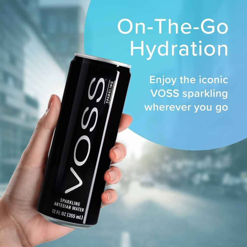 Hand holding VOSS sparkling water slim can, 12 fl oz