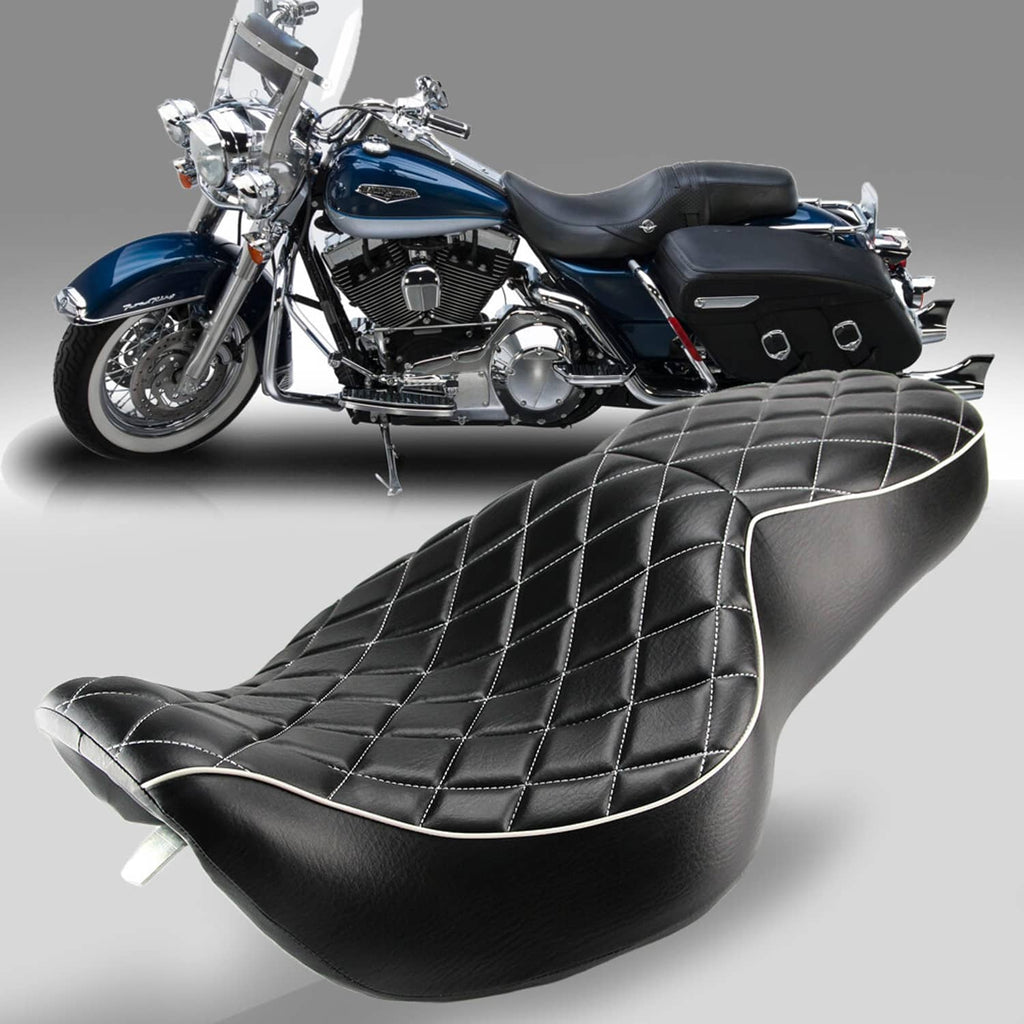 Black diamond-quilt two-up motorcycle passenger seat with white piping and contoured shape