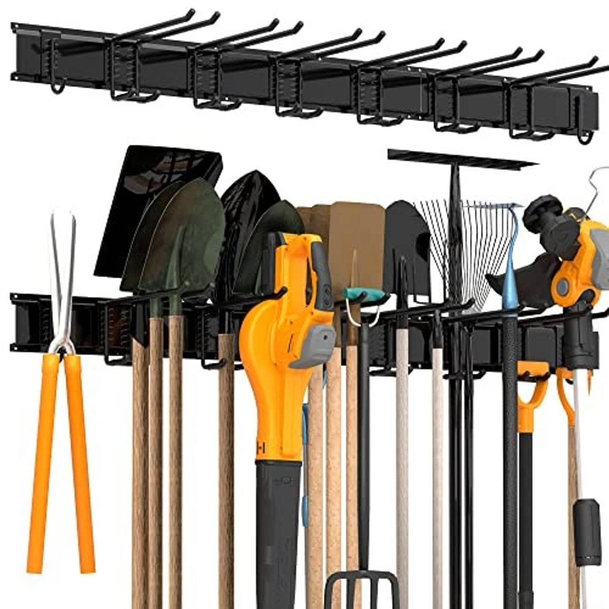 Wall-mounted tool storage rack with black hooks for hanging shovels and equipment