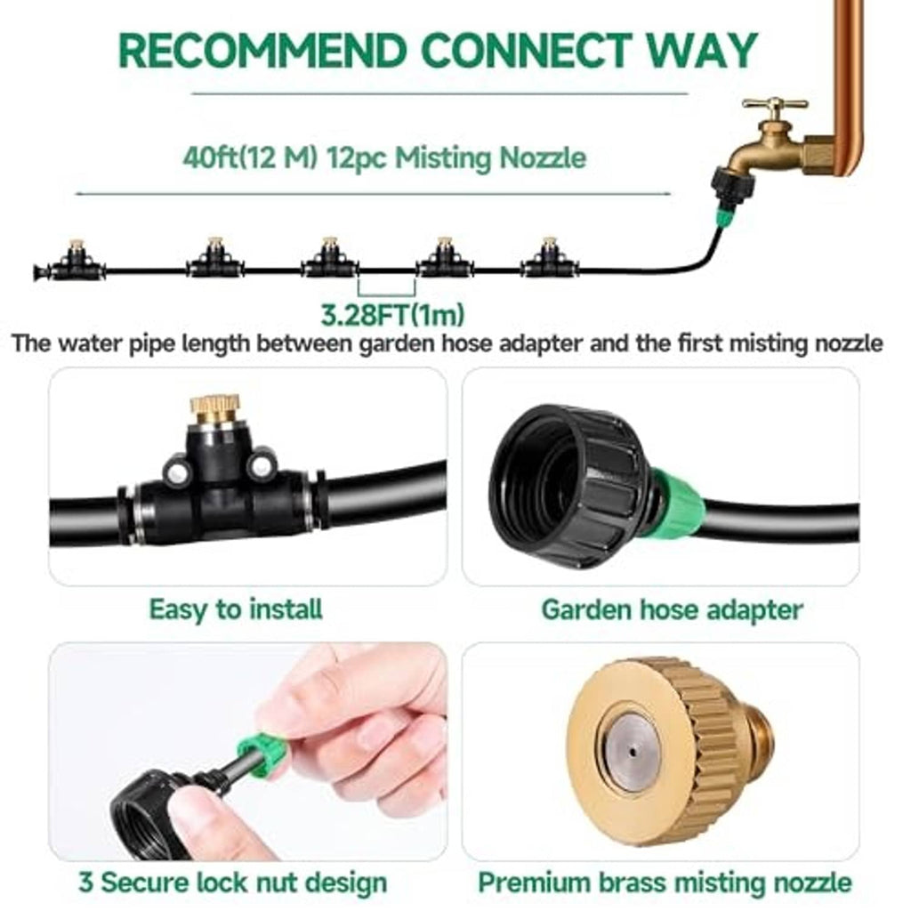 Misting nozzle set diagram with garden hose adapter and 12 sprayer nozzles