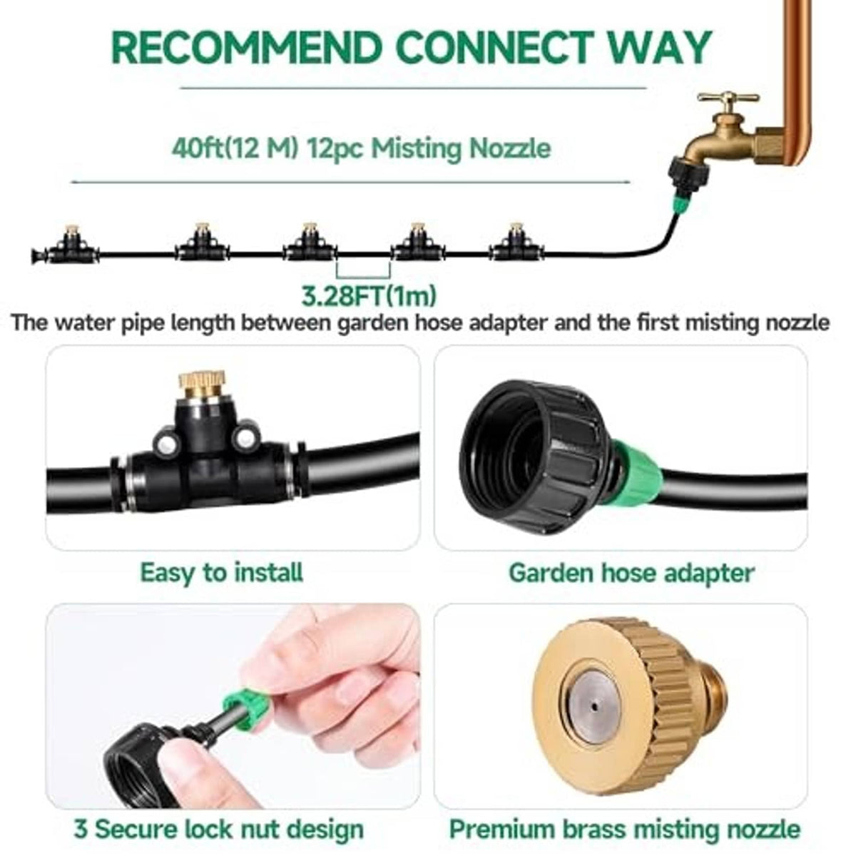 Misting nozzle set diagram with garden hose adapter and 12 sprayer nozzles