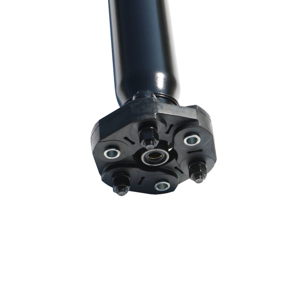 Rear drive shaft flange end with multiple bolt holes and central bearing, dark blue tube
