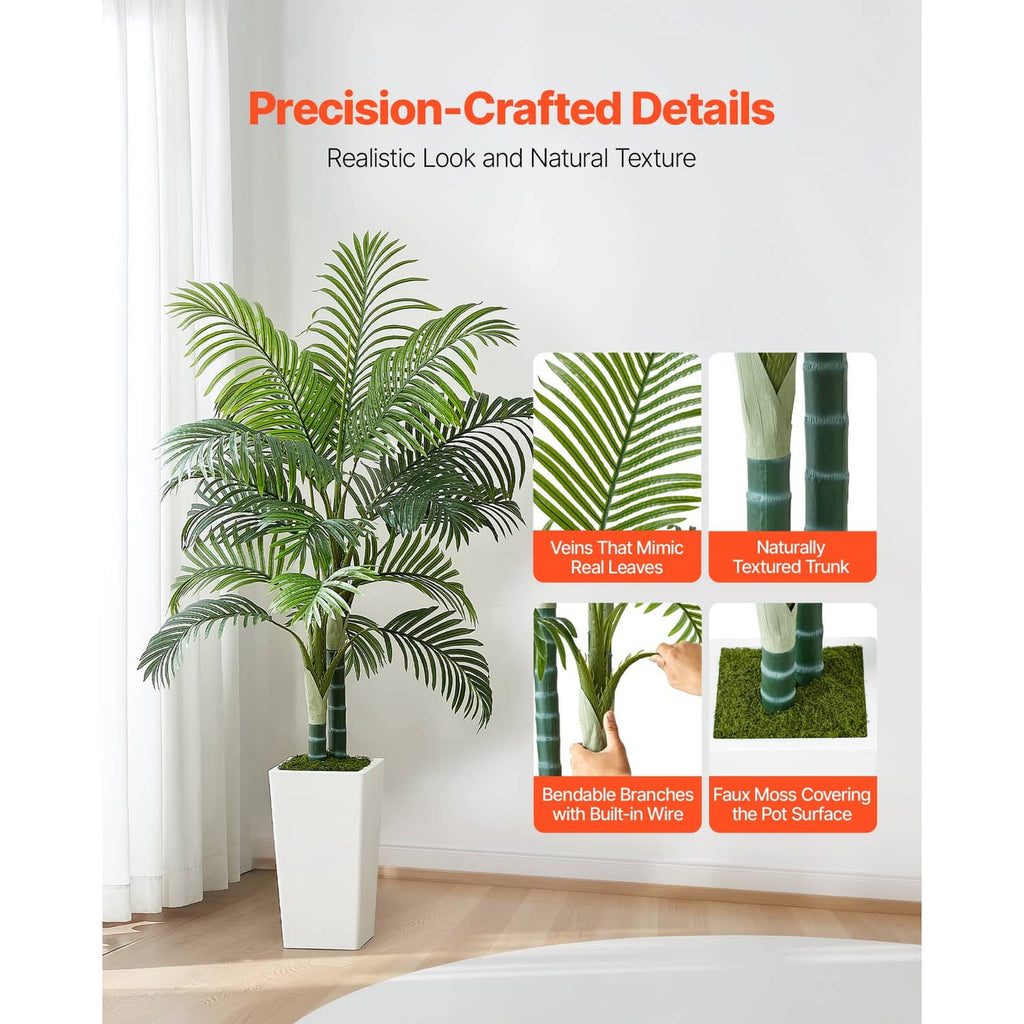Faux areca palm tree with dense green fronds in a white square pot