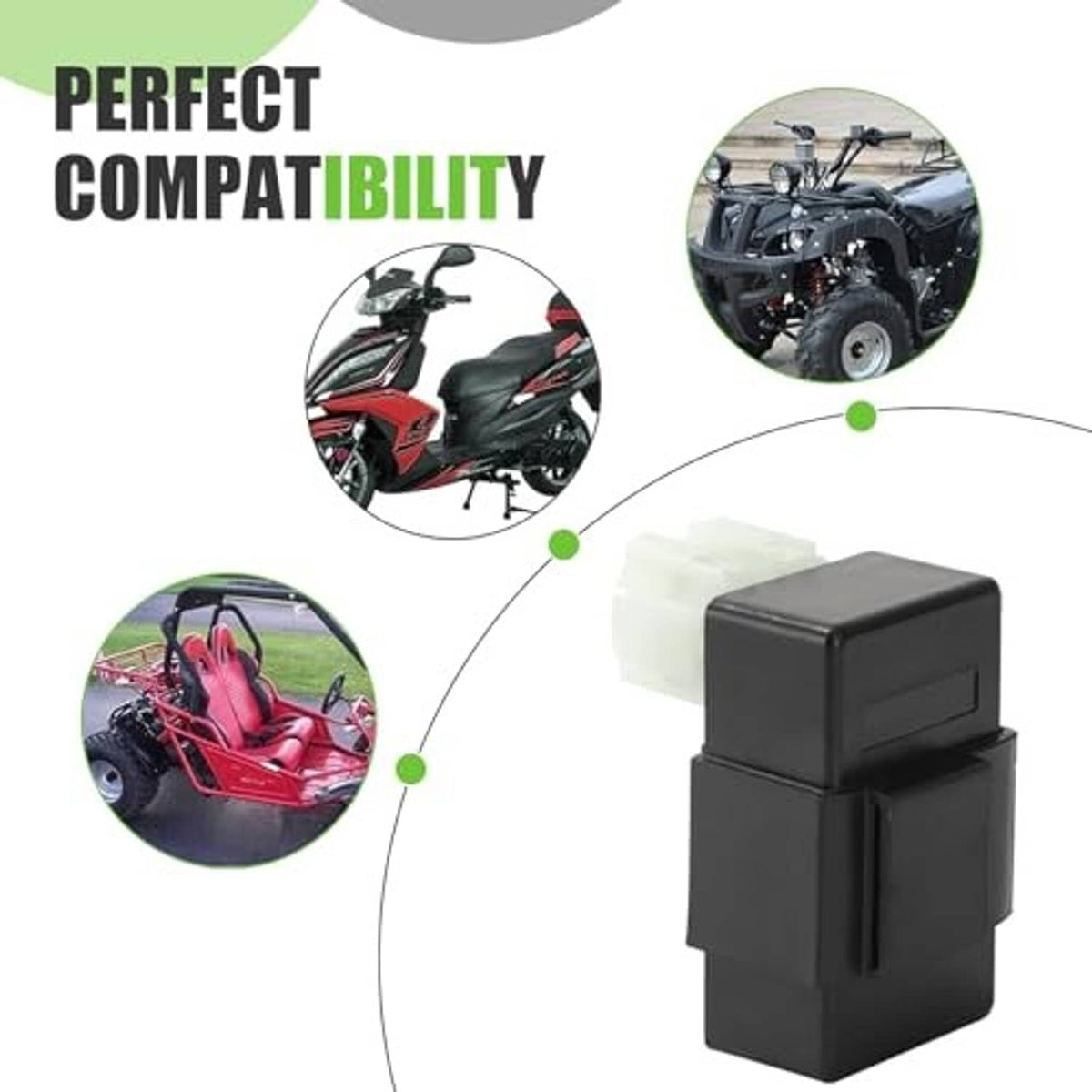 Black CDI ignition box with white plug, shown for ATV compatibility