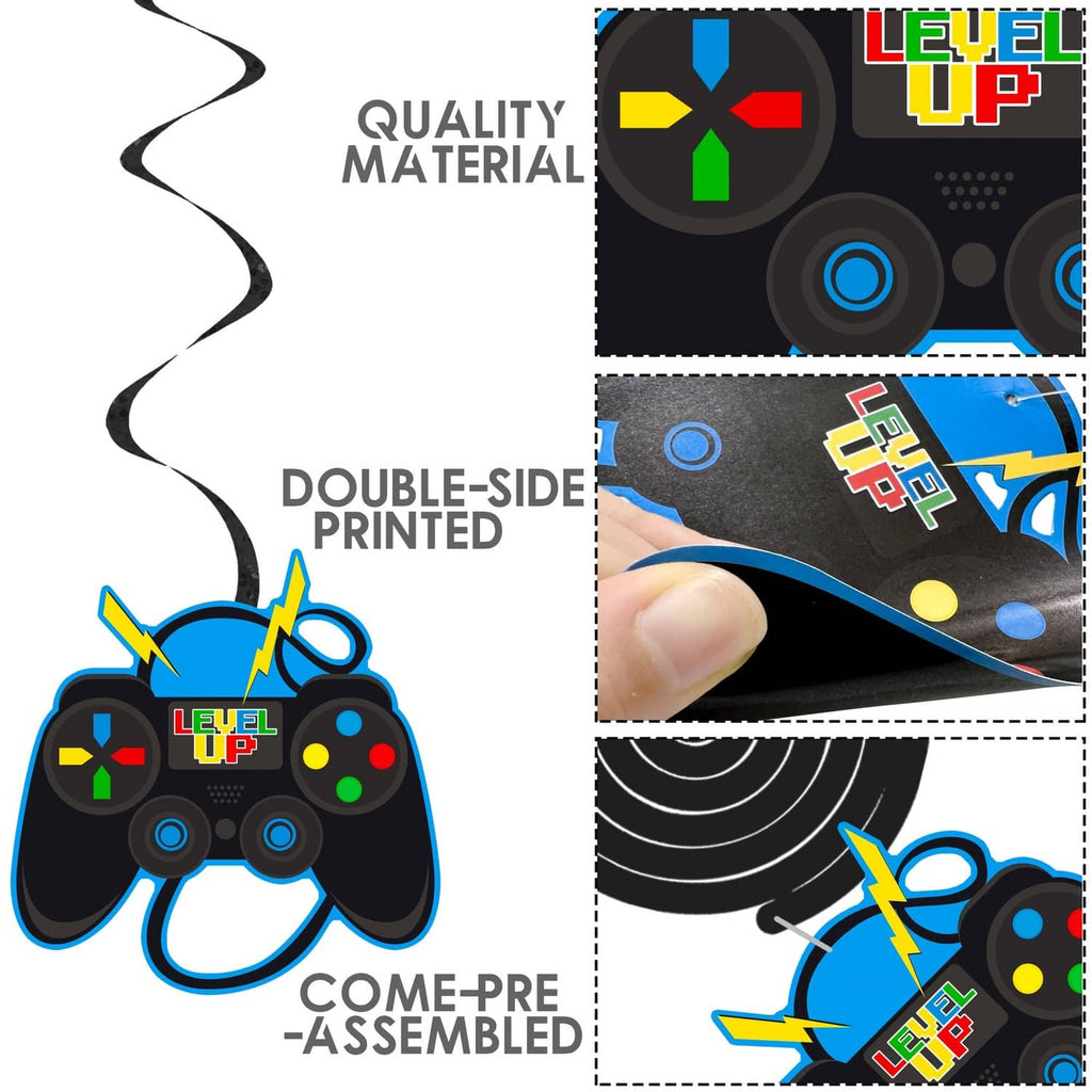 Video game hanging swirl decorations close-up, double-sided printed cardstock controller cutouts
