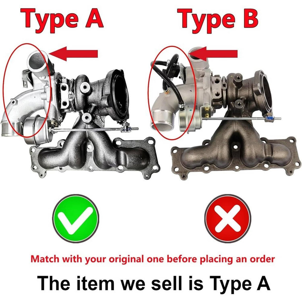 Turbocharger manifold kit with compatibility shown for matching installation