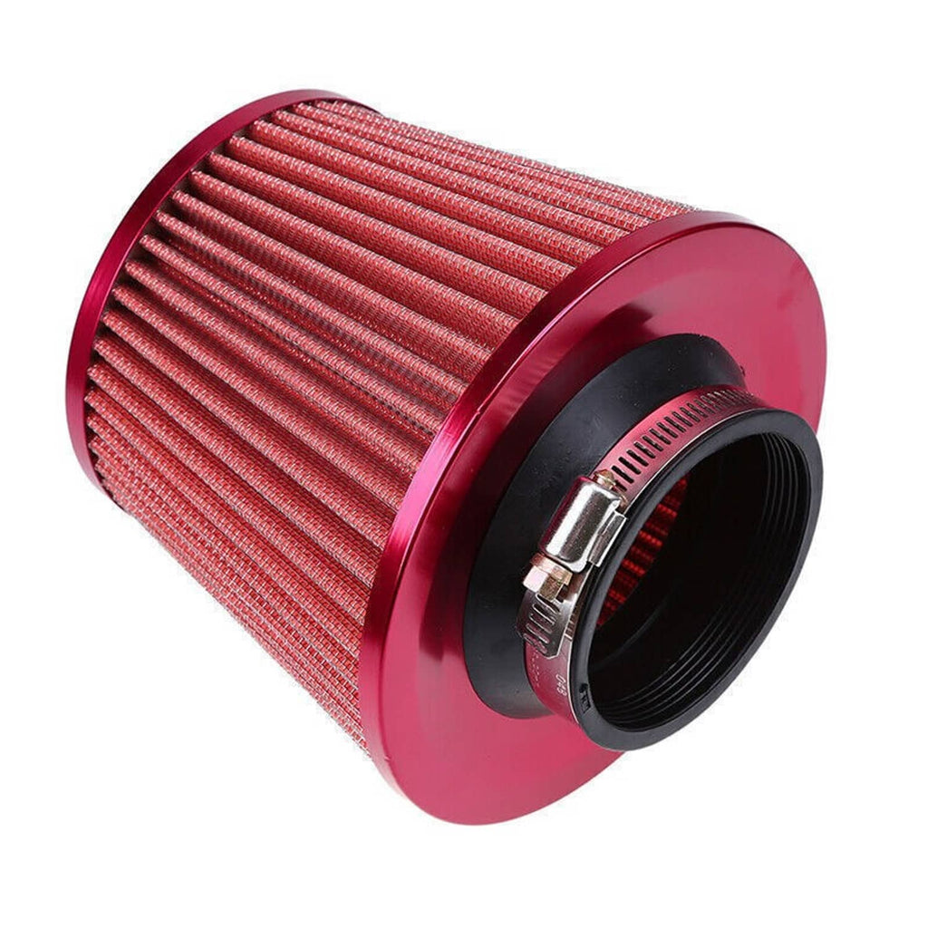 3-inch cold air intake cone filter with red pleated element and black mounting rim