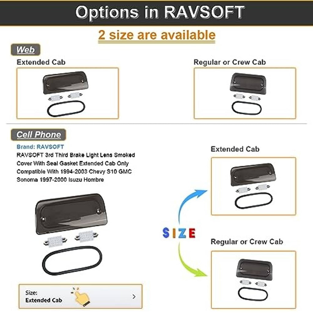 Third brake light lens cover size and options infographic for extended cab