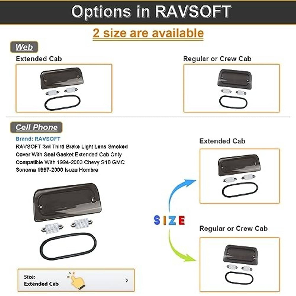 Third brake light lens cover size and options infographic for extended cab