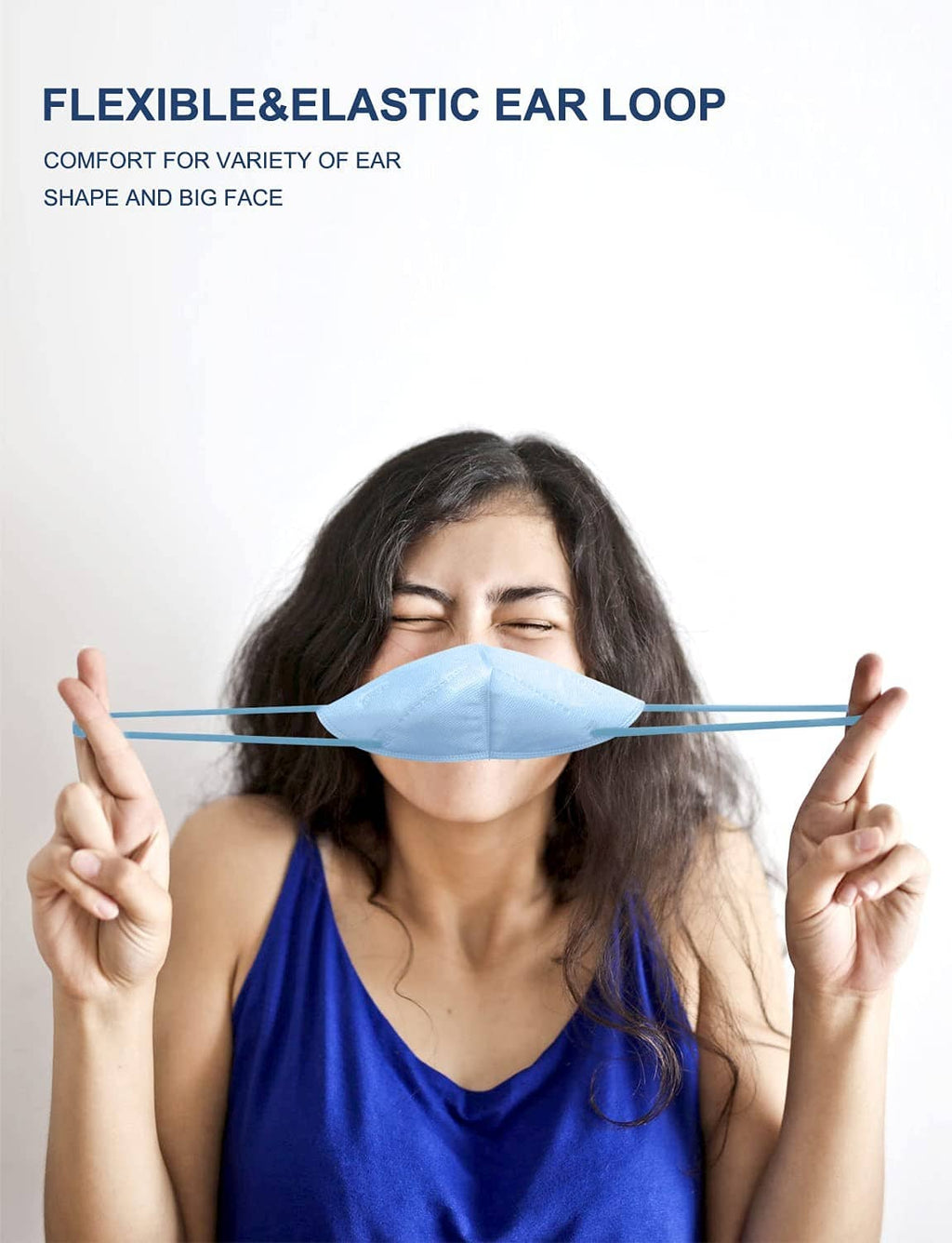 Light blue KN95 face mask with flexible elastic ear loop shown on model