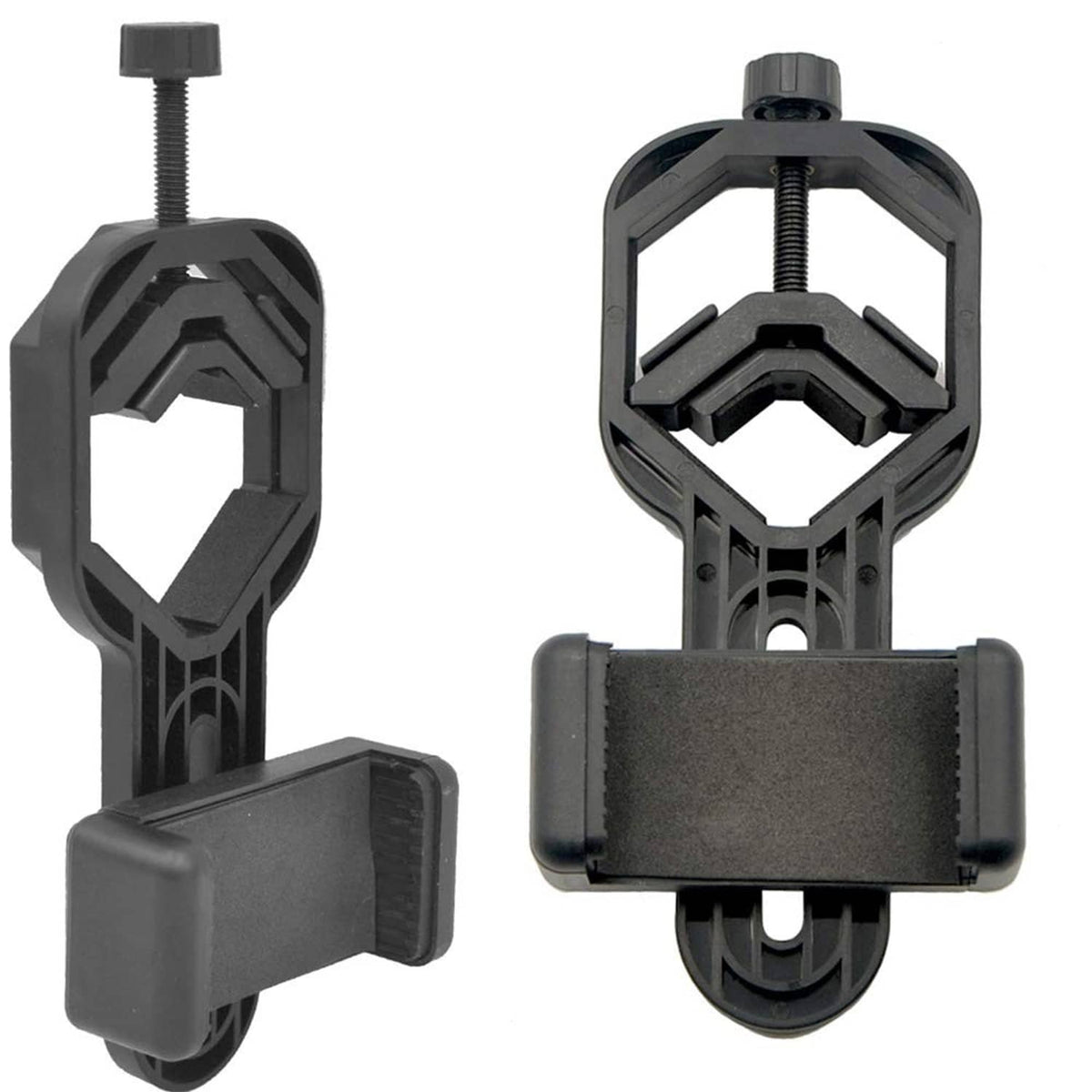 Black smartphone telescope adapter clamps with threaded posts and mounting bracket