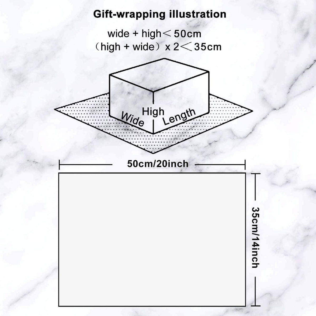 Gift-wrapping tissue paper size diagram: 50cm wide x 35cm high