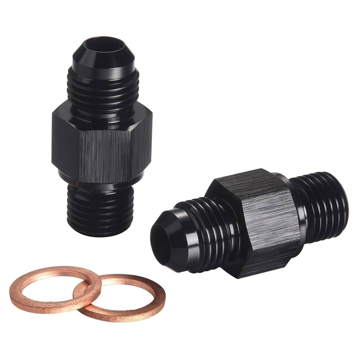 Black 6AN male to 1/4 NPSM adapter fittings with copper sealing washers, side view
