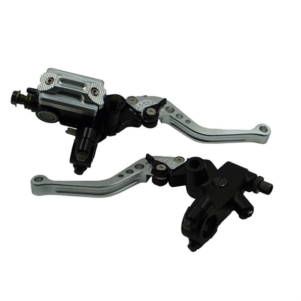 Silver motorcycle brake and clutch lever set with black master cylinder housings