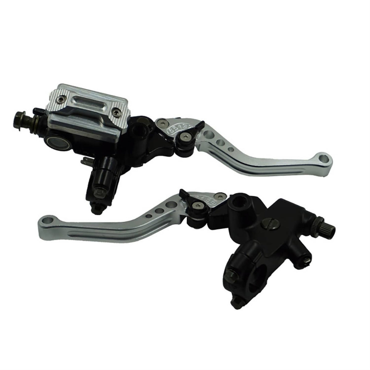 Silver motorcycle brake and clutch lever set with black master cylinder housings