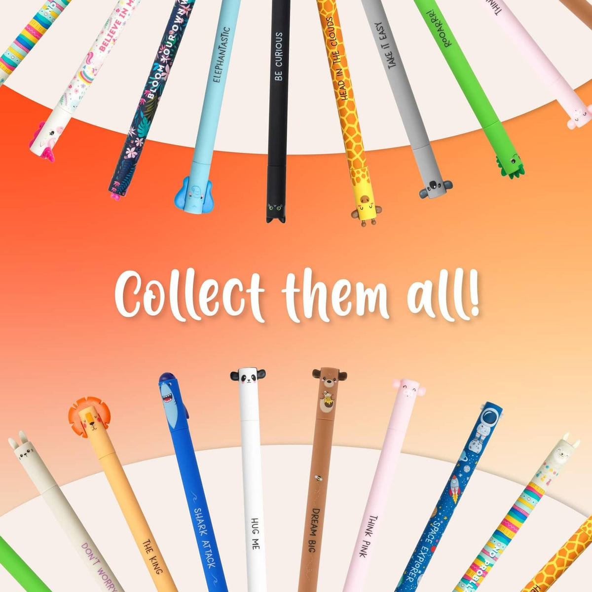 Animal-themed erasable gel pen set with multiple colored barrels and tips
