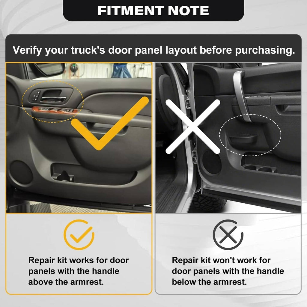 Black door armrest handle repair kit with fitment graphic and checkmark/cross icons