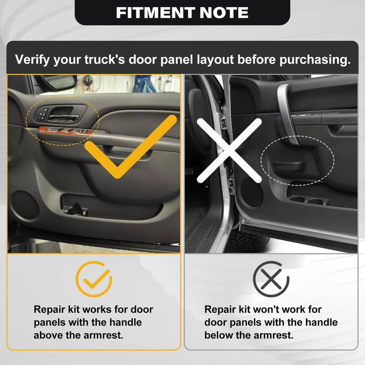 Black door armrest handle repair kit with fitment graphic and checkmark/cross icons