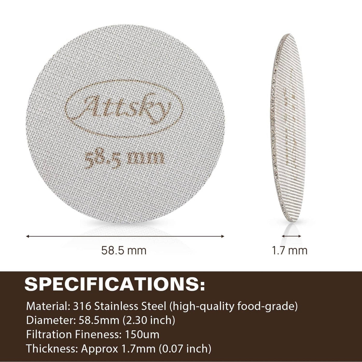 58.5 mm espresso puck screen with fine mesh and 1.7 mm thickness, stainless