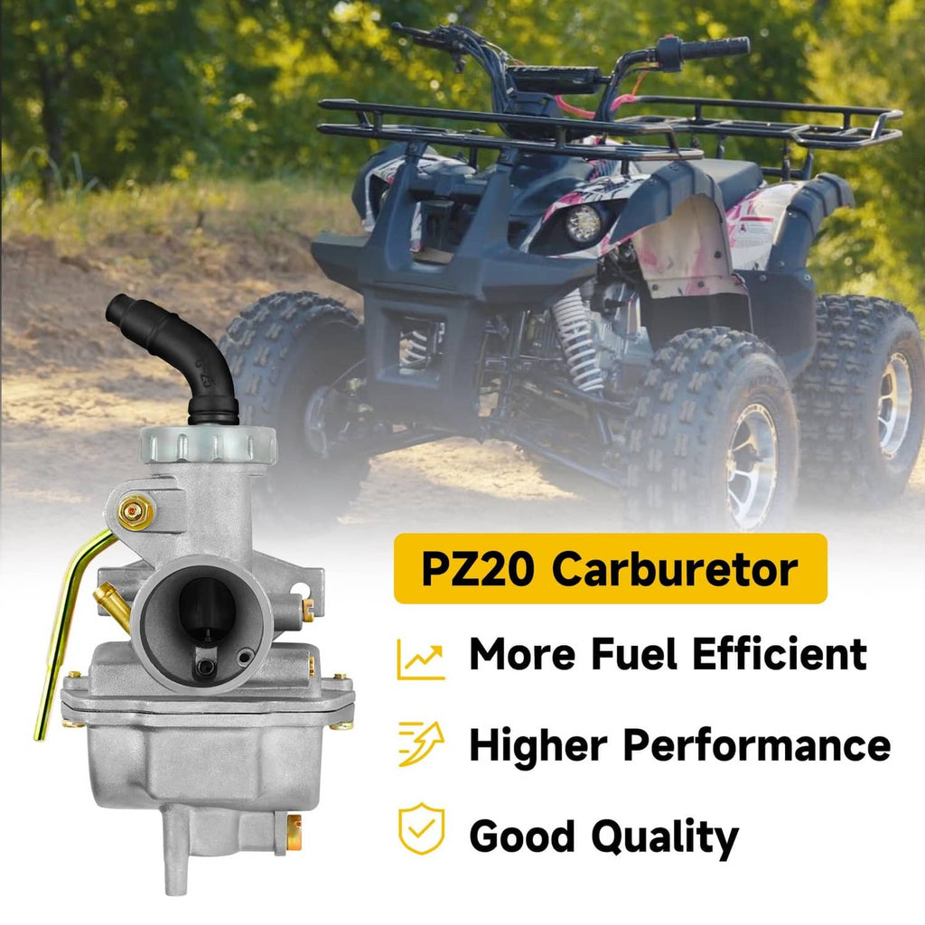 PZ20 carburetor kit with red air filter and black intake hose, shown on an ATV.