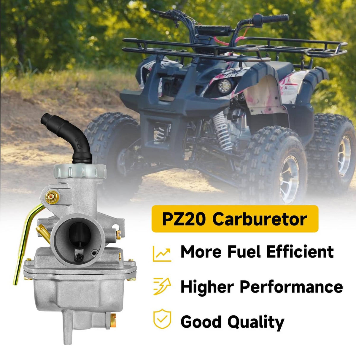 PZ20 carburetor kit with red air filter and black intake hose, shown on an ATV.