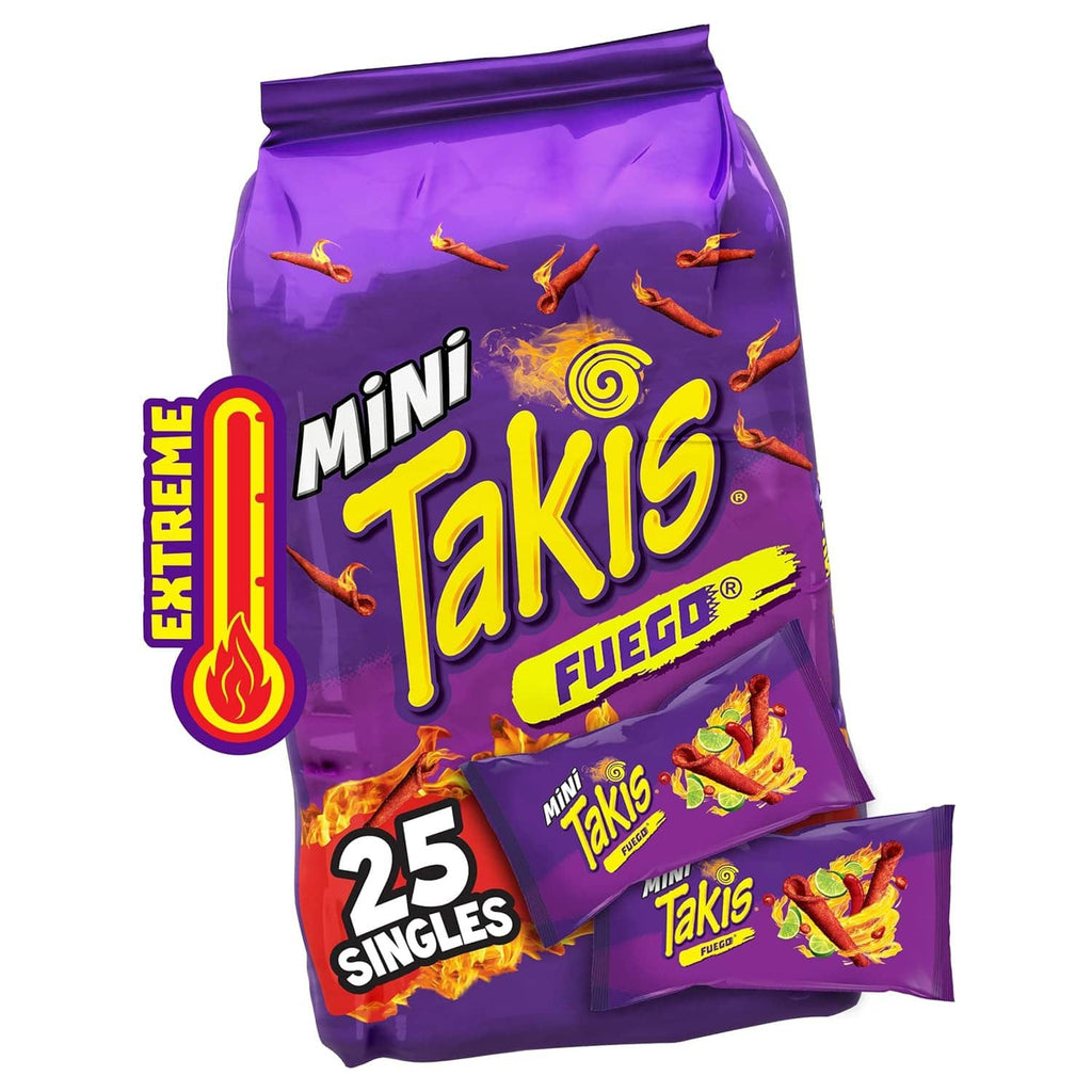 Purple Takis Mini Fuego snack bag labeled 25 singles, hot chili pepper style