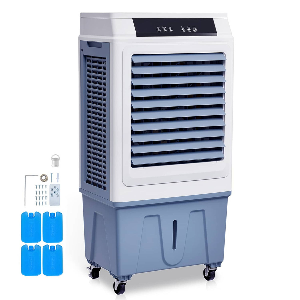 Portable evaporative air cooler with front vent, top control panel, and caster wheels