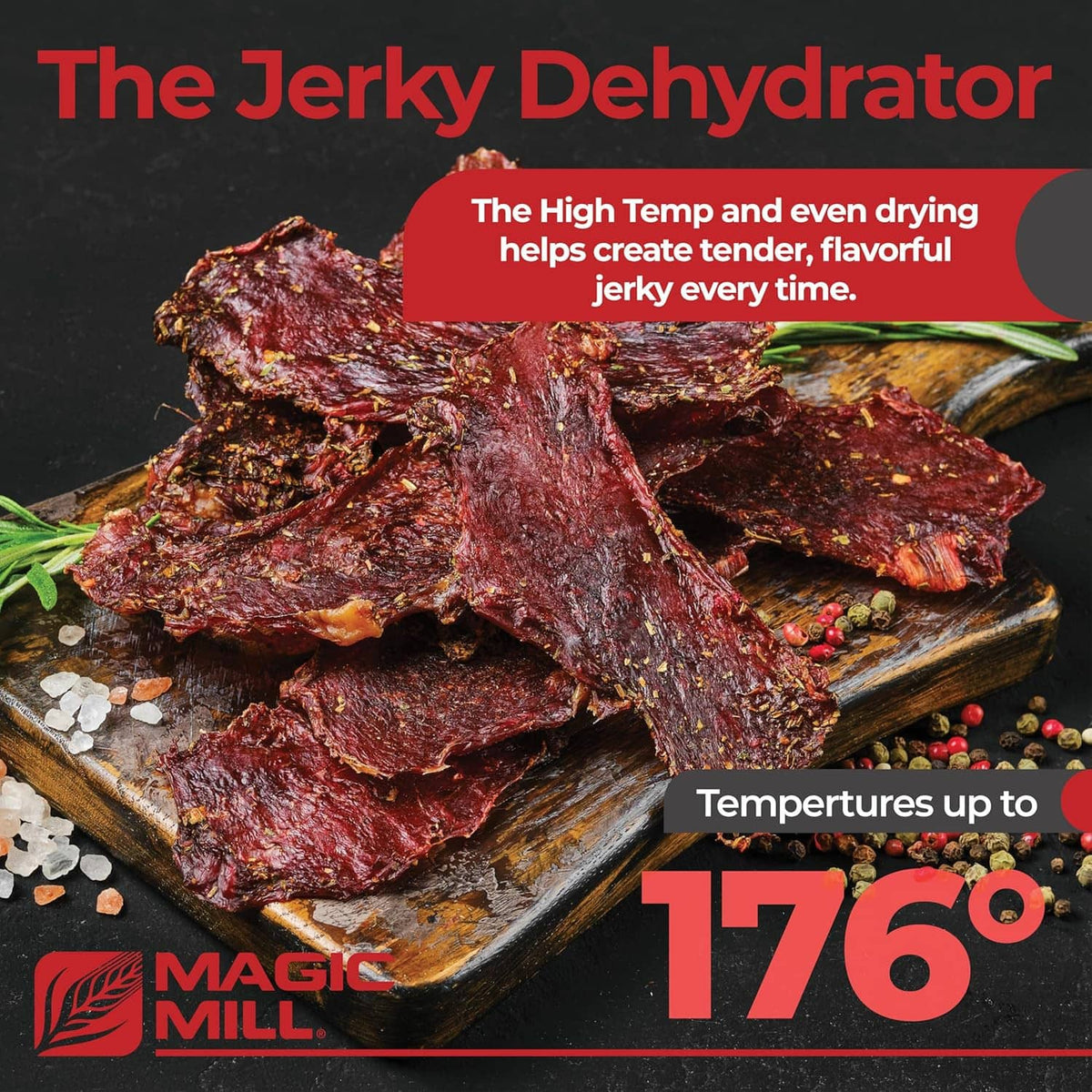 Dehydrated jerky slices with herbs and spices on a wooden cutting board
