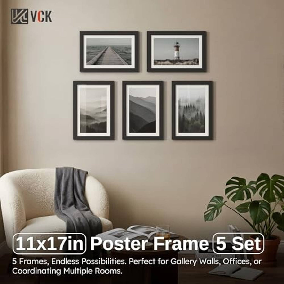 Set of 5 black 11x17 poster frames on wall above sofa with landscape photos