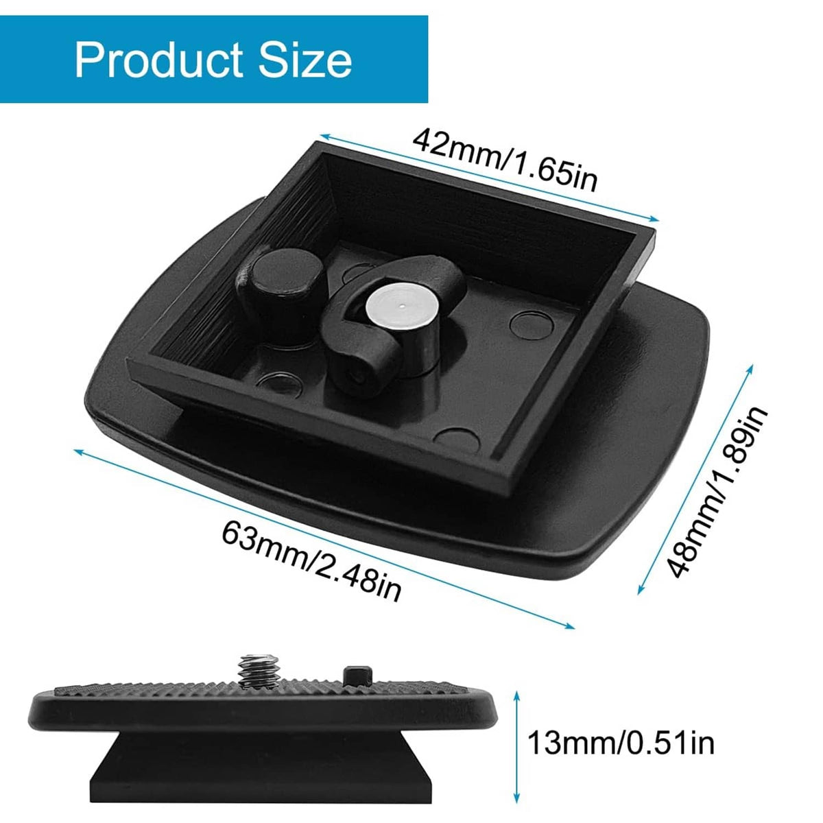 Black quick release plate adapter with textured platform and integrated mounting base